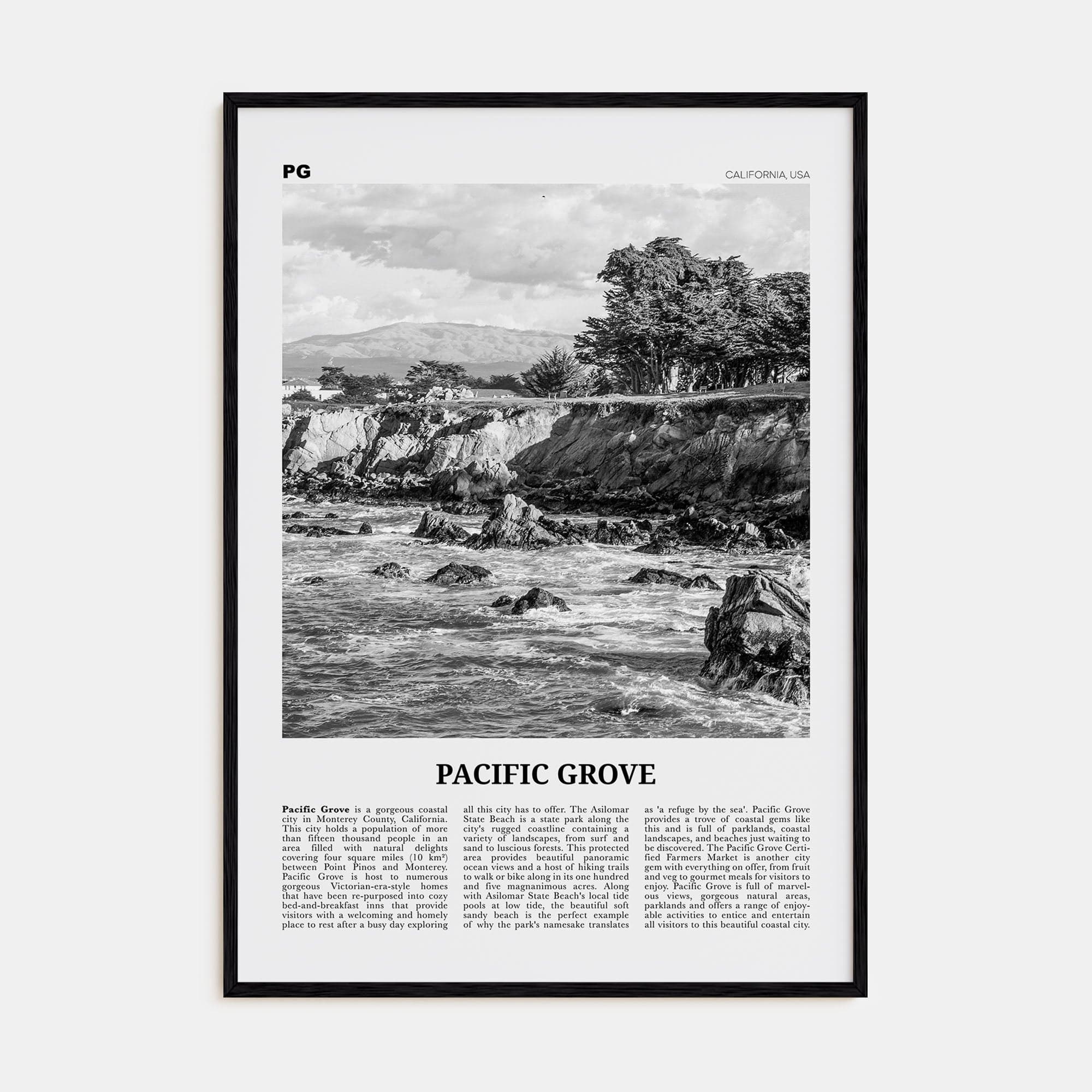 Pacific Grove Poster Black Wood / 8x12 in Nbourhood Travel B&W Poster