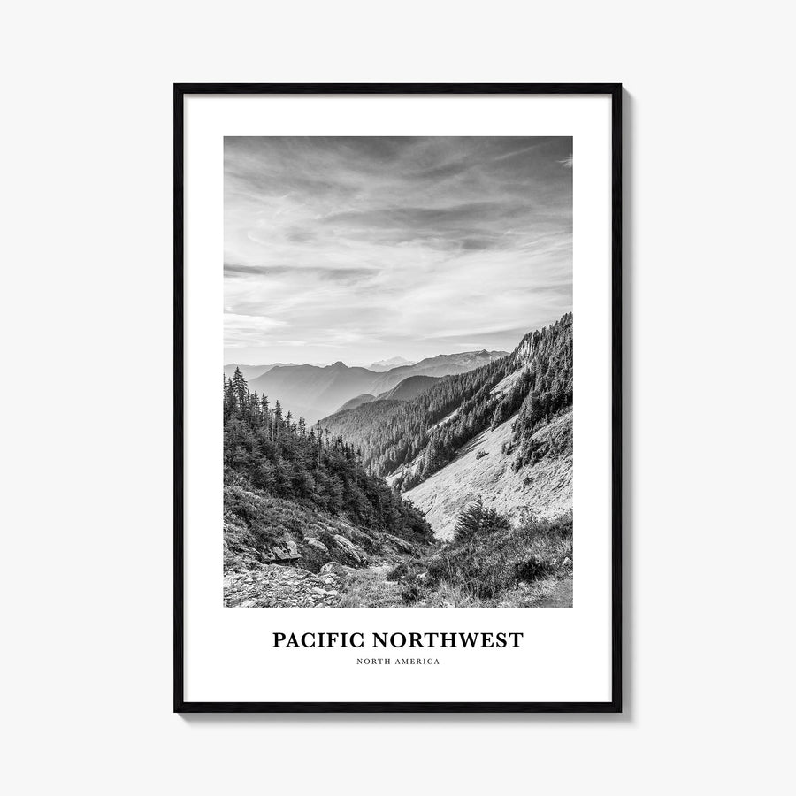 Pacific Northwest black & white classic poster of United States & Canada – vertical wall art, unframed print shown in interio