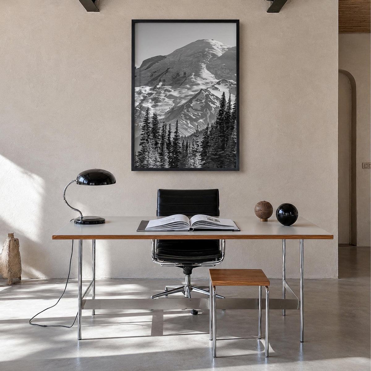 Pacific Northwest black & white photo poster of United States & Canada – vertical wall art in black wood frame, hanging on wa