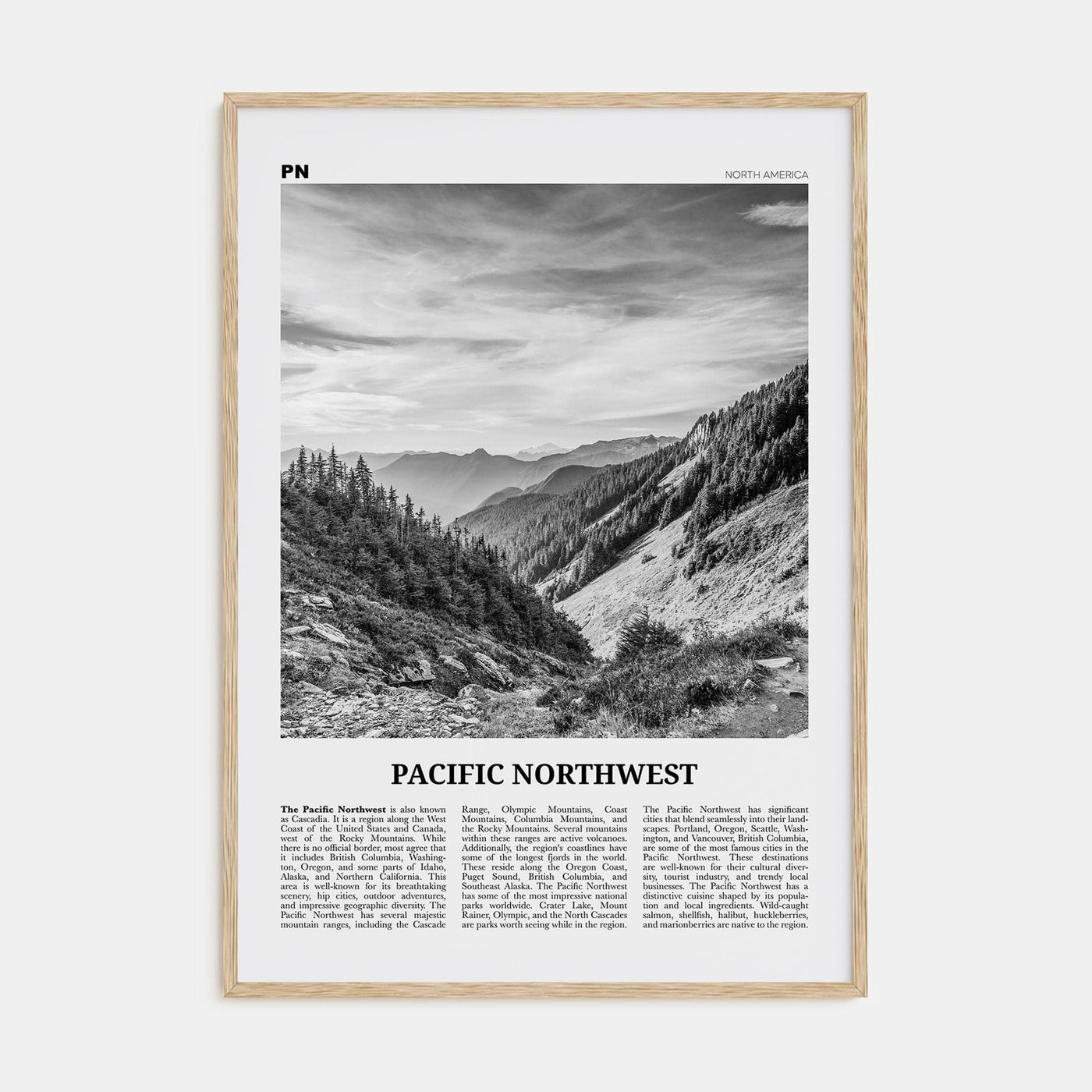 Pacific Northwest Poster Natural Wood / 8x12 in Nbourhood Travel B&W Poster