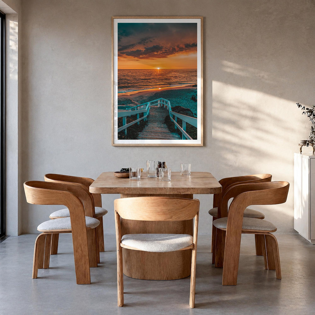 Pacific Ocean colorful photo poster of Oceania – vertical wall art in natural wood frame with white border, hanging on wall