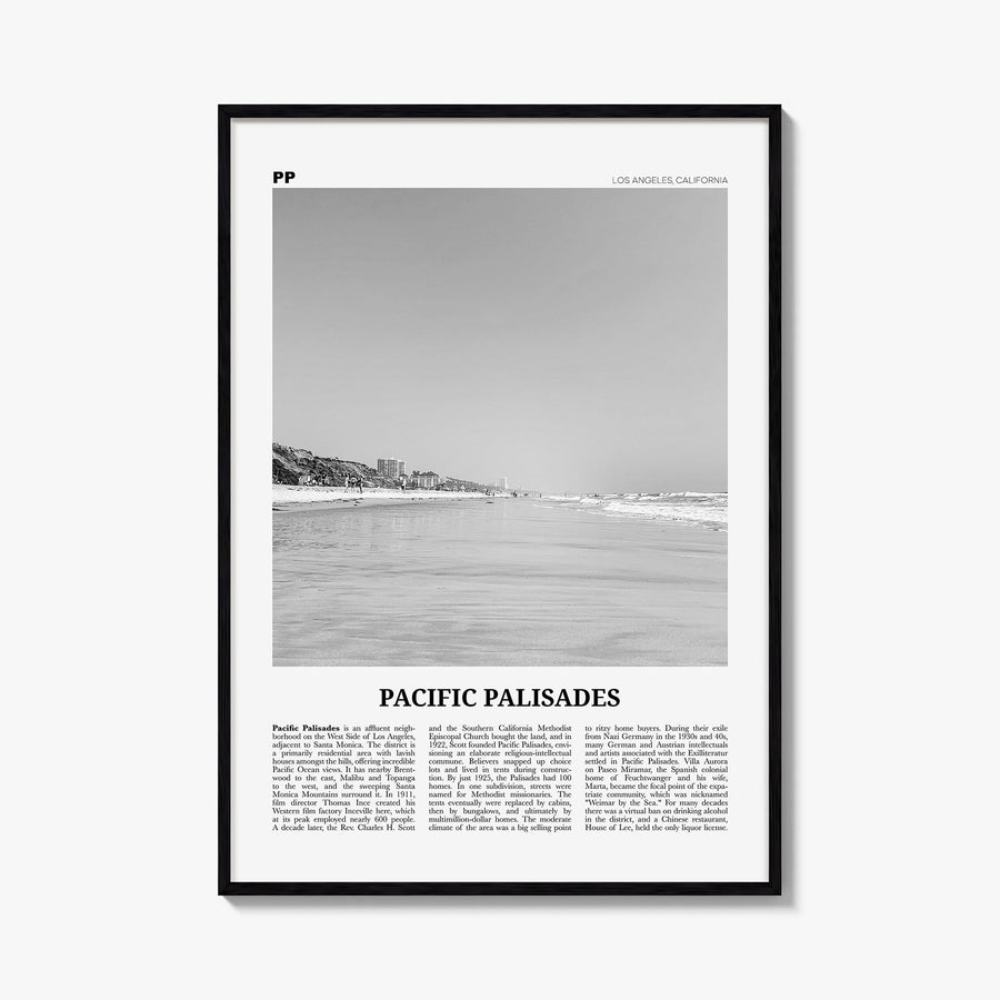 Pacific Palisades black & white newspaper poster of Los Angeles, California – vertical wall art, unframed print shown in inte