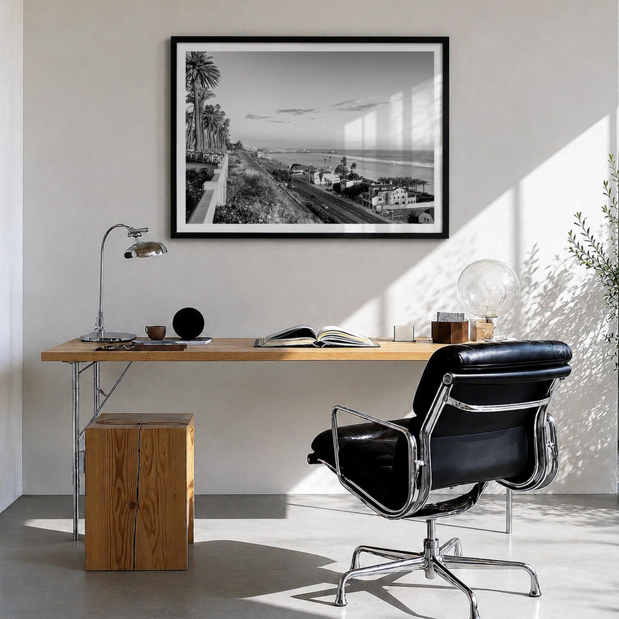 Pacific Palisades black & white photo poster of Los Angeles, California – horizontal wall art in black wood frame with white 
