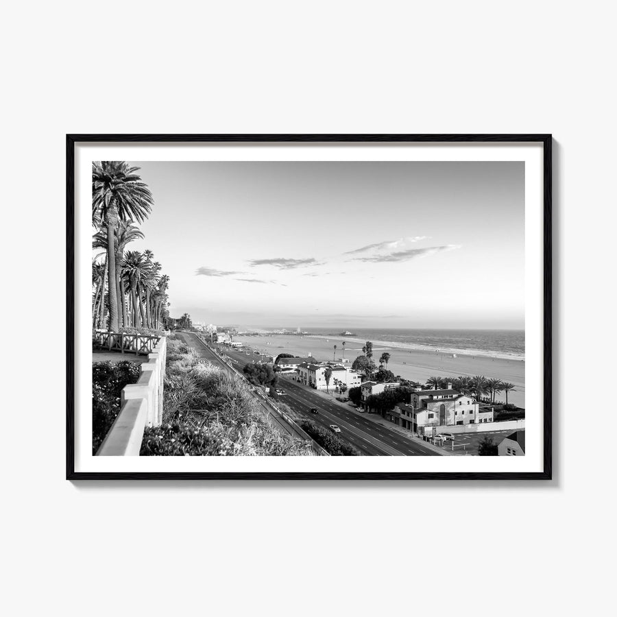 Pacific Palisades black & white photo poster of Los Angeles, California – horizontal wall art, unframed print shown in interi