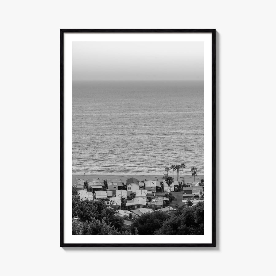 Pacific Palisades black & white photo poster of Los Angeles, California – vertical wall art, unframed print shown in interior
