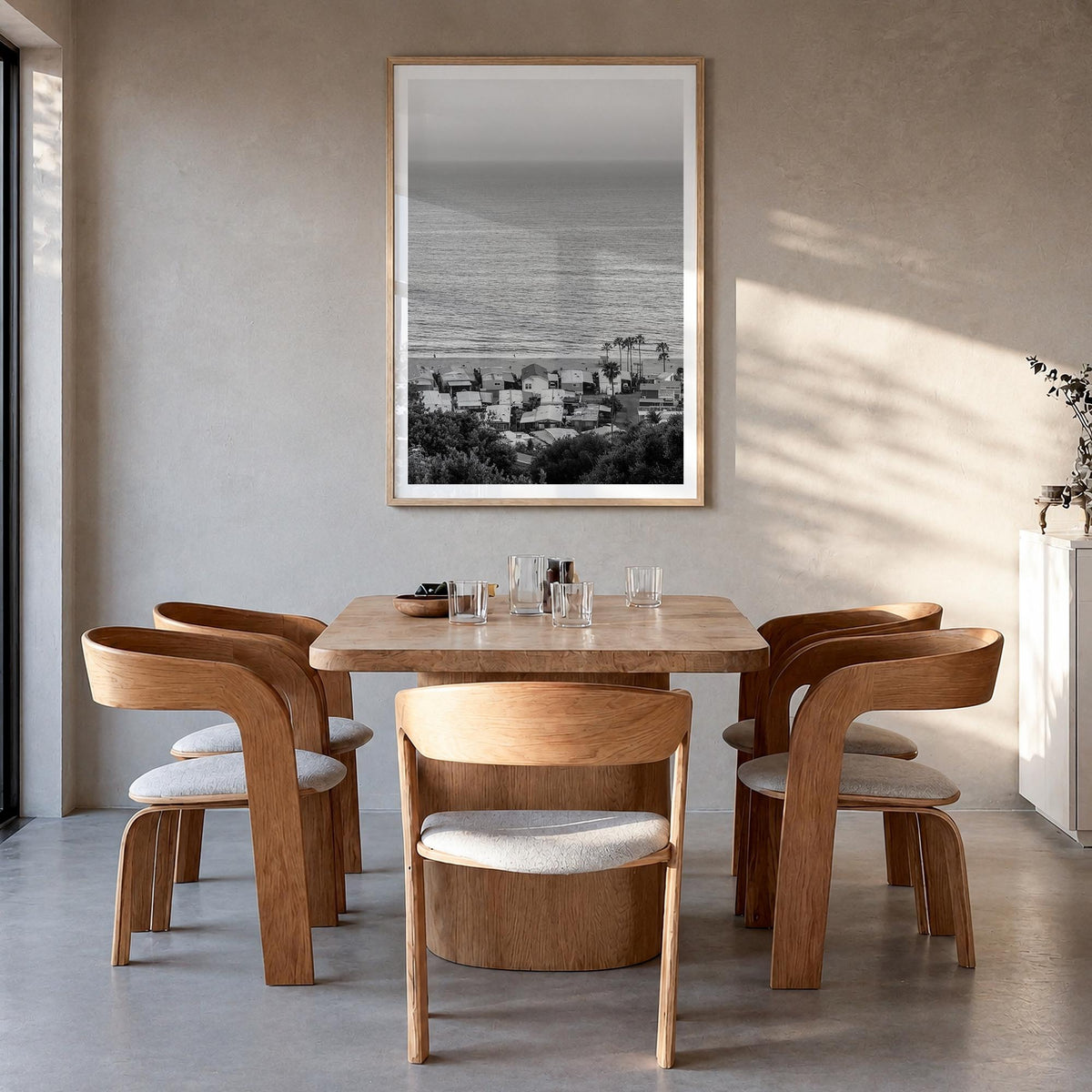 Pacific Palisades black & white photo poster of Los Angeles, California – vertical wall art in natural wood frame with white 