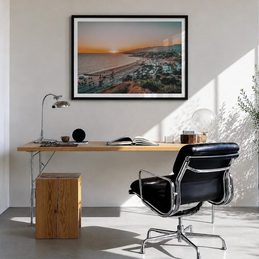 Pacific Palisades colorful photo poster of Los Angeles, California – horizontal wall art in black wood frame with white borde