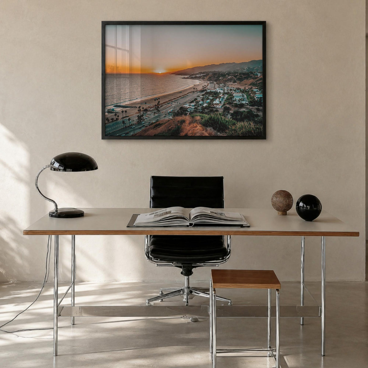 Pacific Palisades colorful photo poster of Los Angeles, California – horizontal wall art in black wood frame, hanging on wall