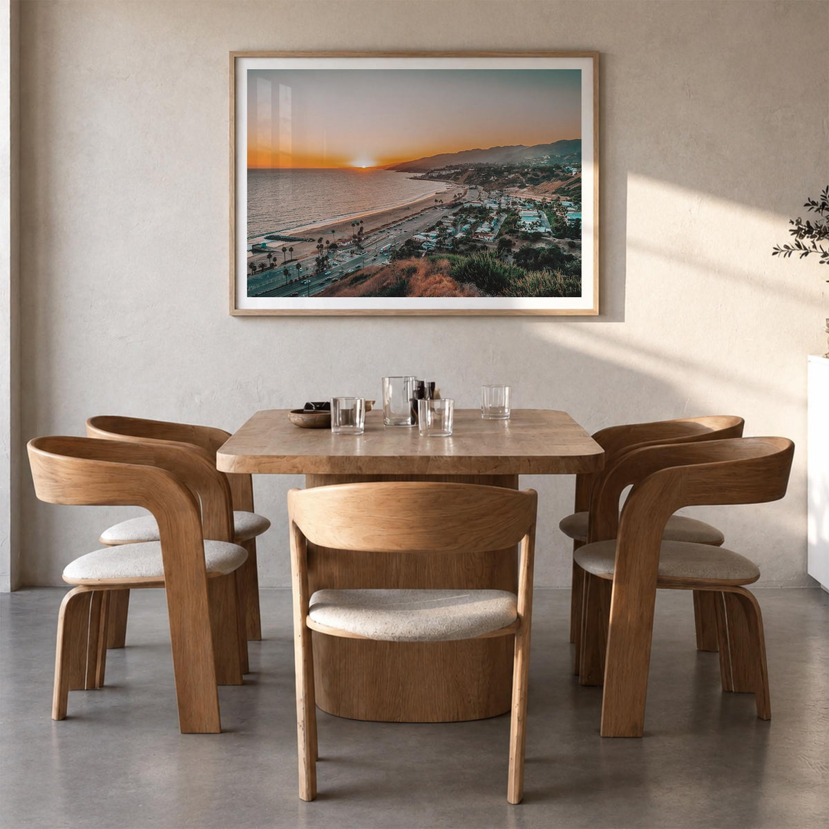 Pacific Palisades colorful photo poster of Los Angeles, California – horizontal wall art in natural wood frame with white bor