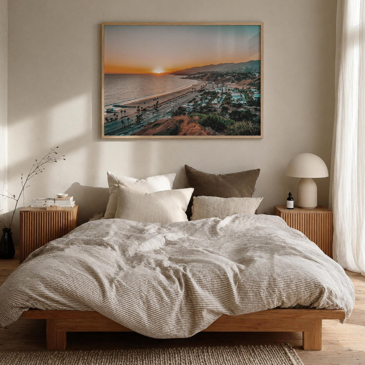Pacific Palisades colorful photo poster of Los Angeles, California – horizontal wall art in natural wood frame, hanging on wa