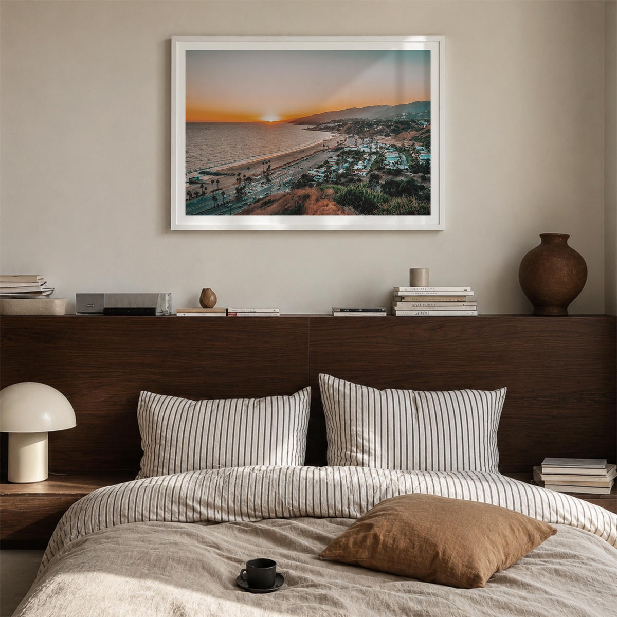 Pacific Palisades colorful photo poster of Los Angeles, California – horizontal wall art in white wood frame with white borde