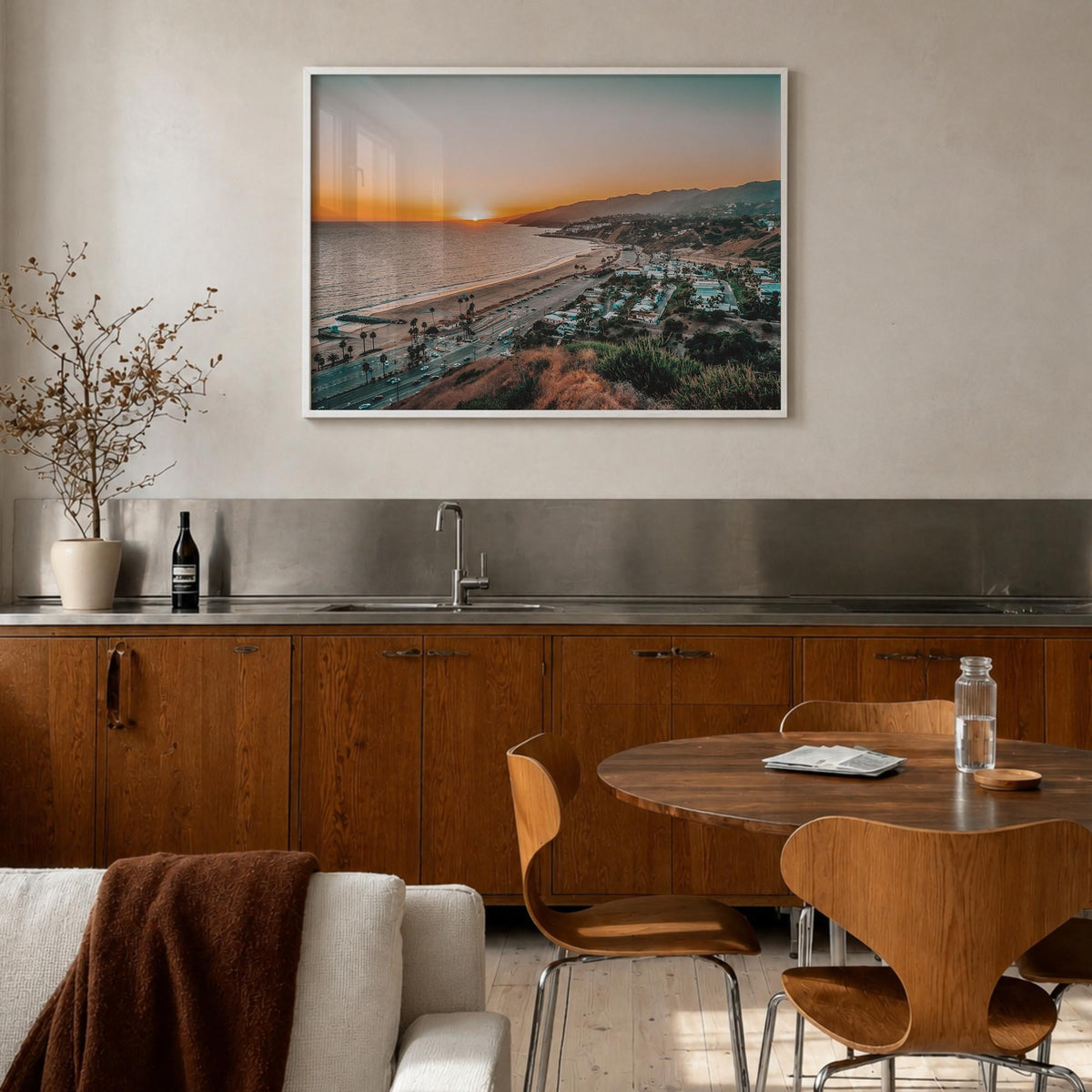 Pacific Palisades colorful photo poster of Los Angeles, California – horizontal wall art in white wood frame, hanging on wall