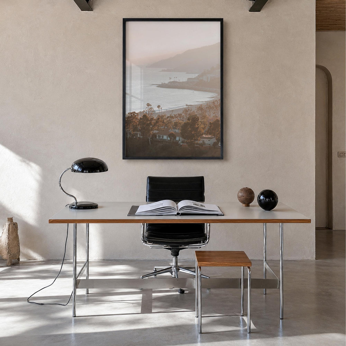 Pacific Palisades no. 1 colorful photo poster of Los Angeles, California – vertical wall art in black wood frame, hanging on 