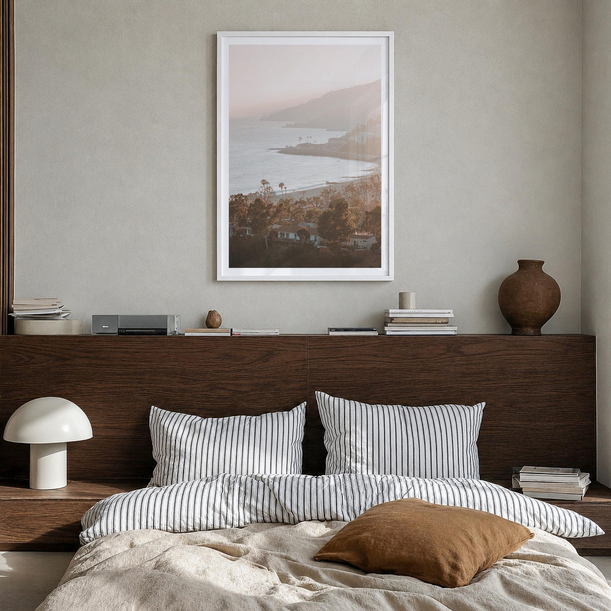 Pacific Palisades no. 1 colorful photo poster of Los Angeles, California – vertical wall art in white wood frame with white b