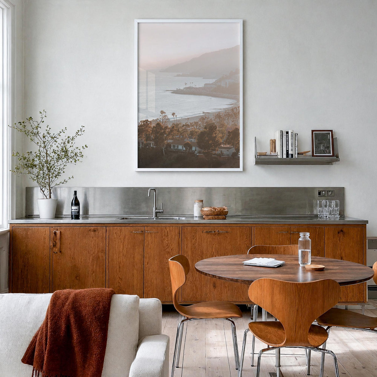 Pacific Palisades no. 1 colorful photo poster of Los Angeles, California – vertical wall art in white wood frame, hanging on 