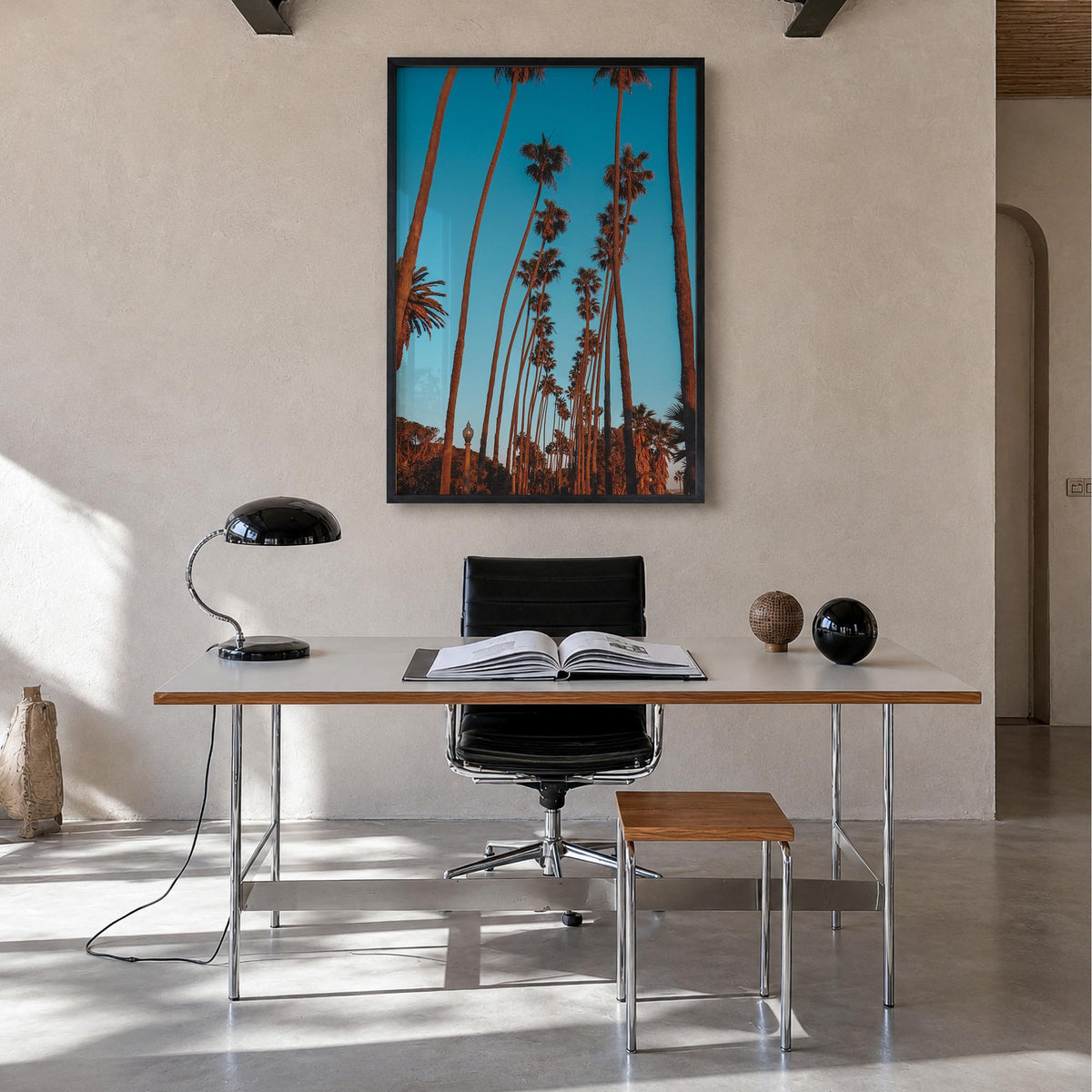 Pacific Palisades no. 2 colorful photo poster of Los Angeles, California – vertical wall art in black wood frame, hanging on 