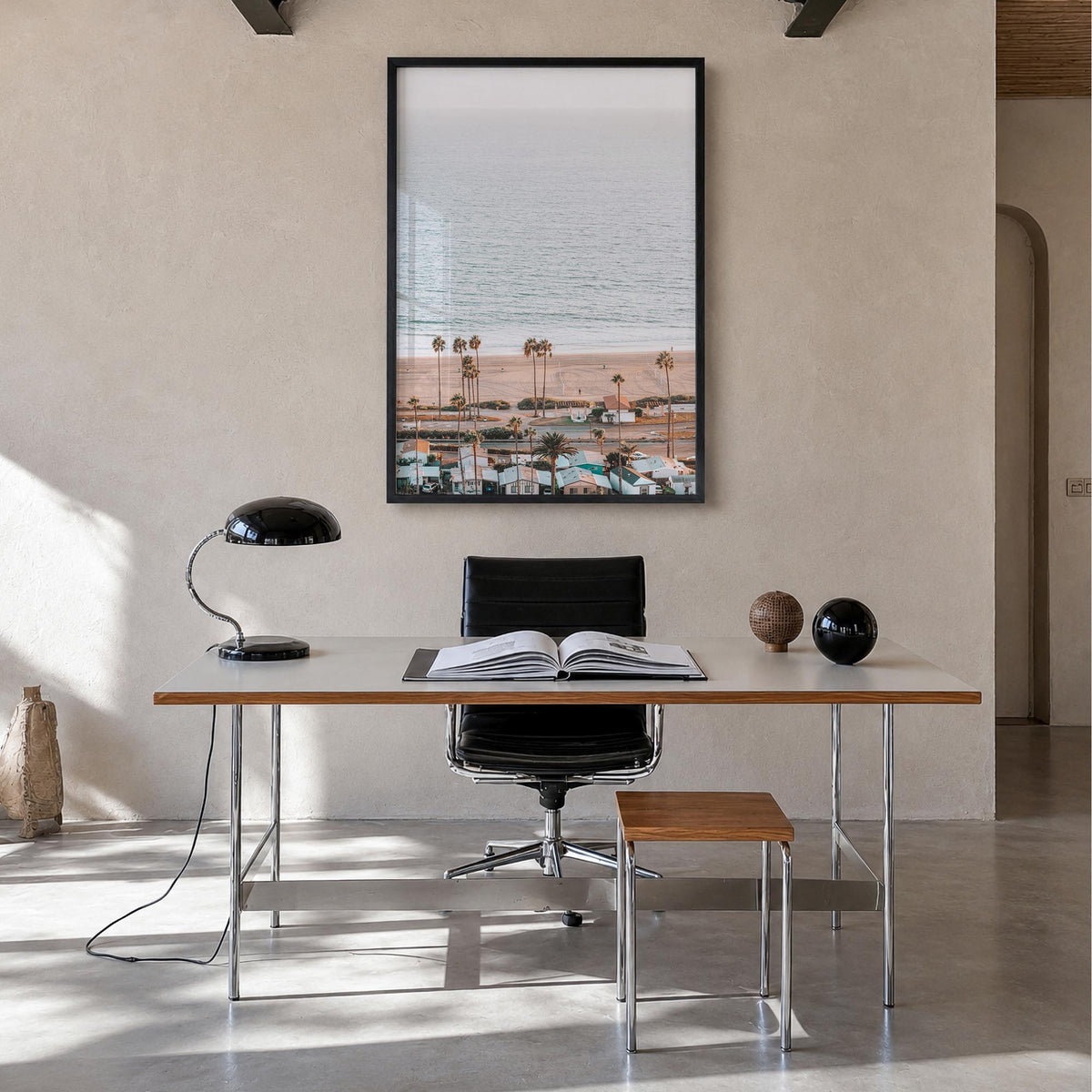 Pacific Palisades no. 3 colorful photo poster of Los Angeles, California – vertical wall art in black wood frame, hanging on 