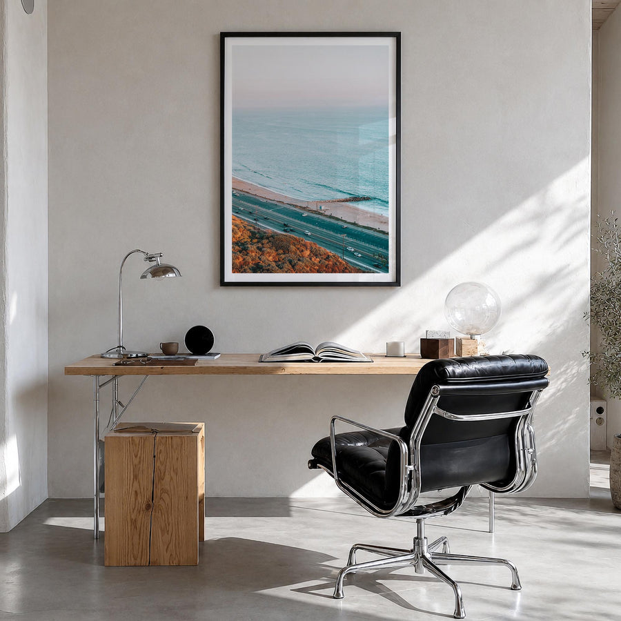 Pacific Palisades no. 4 colorful photo poster of Los Angeles, California – vertical wall art in black wood frame with white b