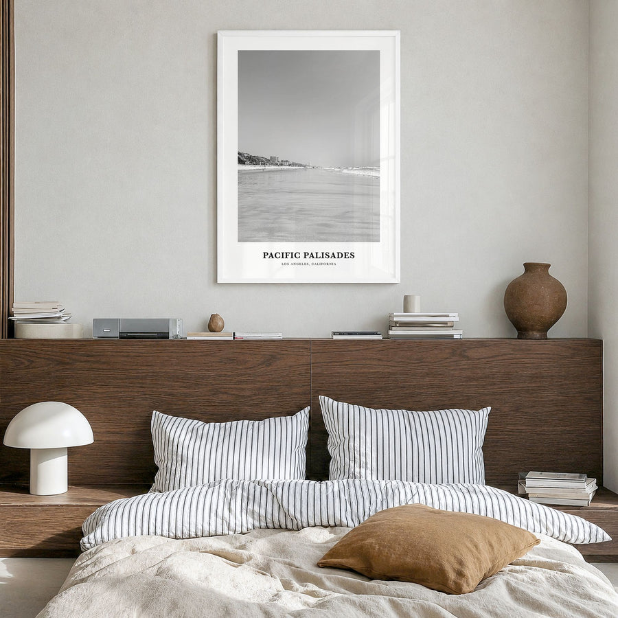 Pacific Palisades Classic Poster in a white wood frame, hanging in a bedroom