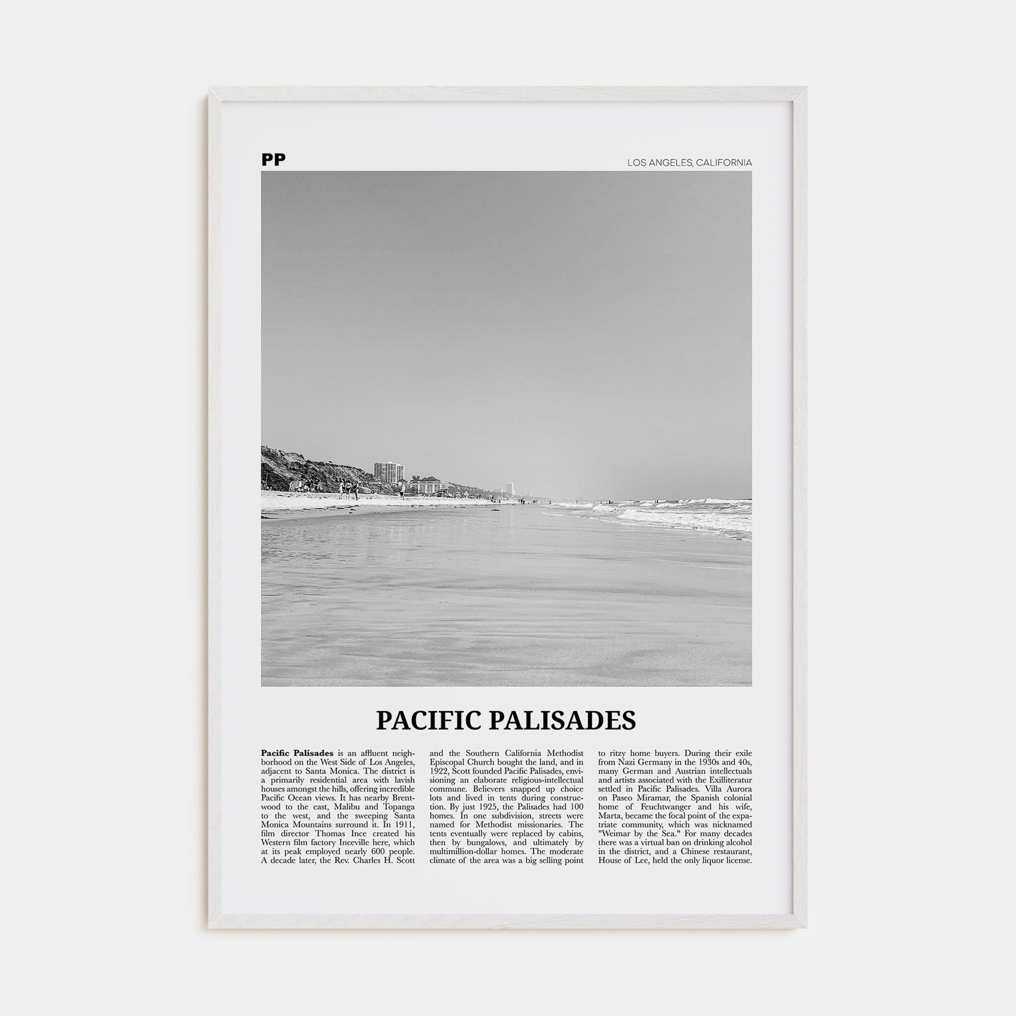 Pacific Palisades Poster White Wood / 8x12 in Nbourhood Travel B&W Poster