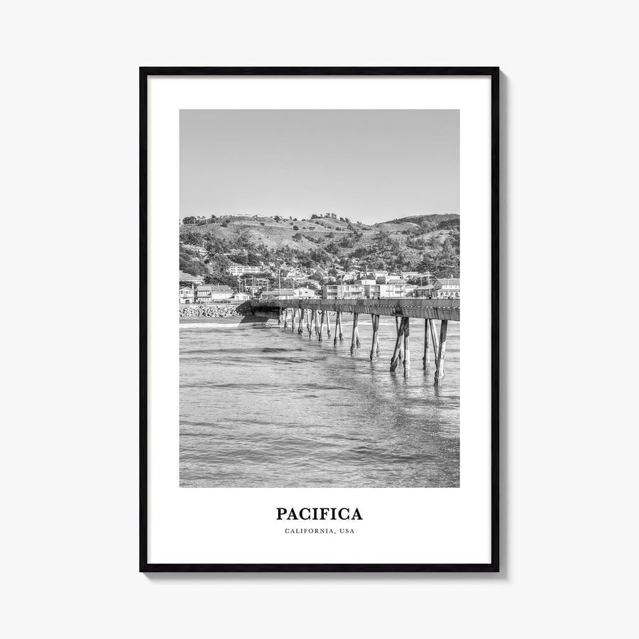 Pacifica black & white classic poster of California, USA – vertical wall art, unframed print shown in interior mockup