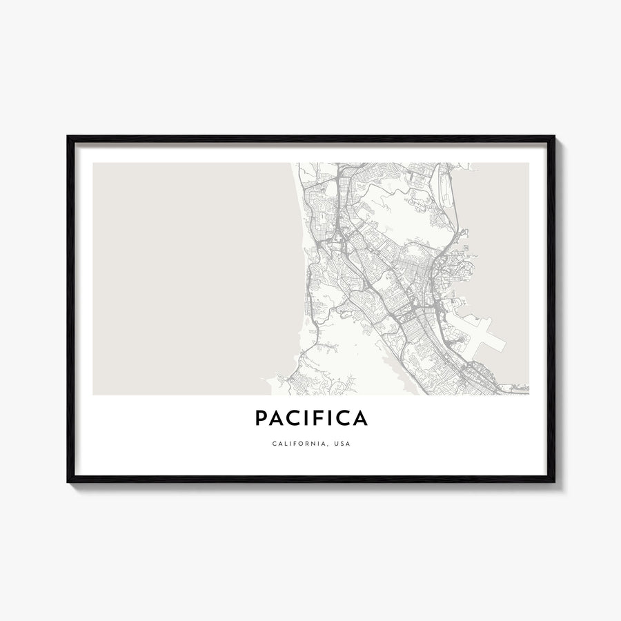 Pacifica black & white map poster of California, USA – horizontal wall art, unframed print shown in interior mockup