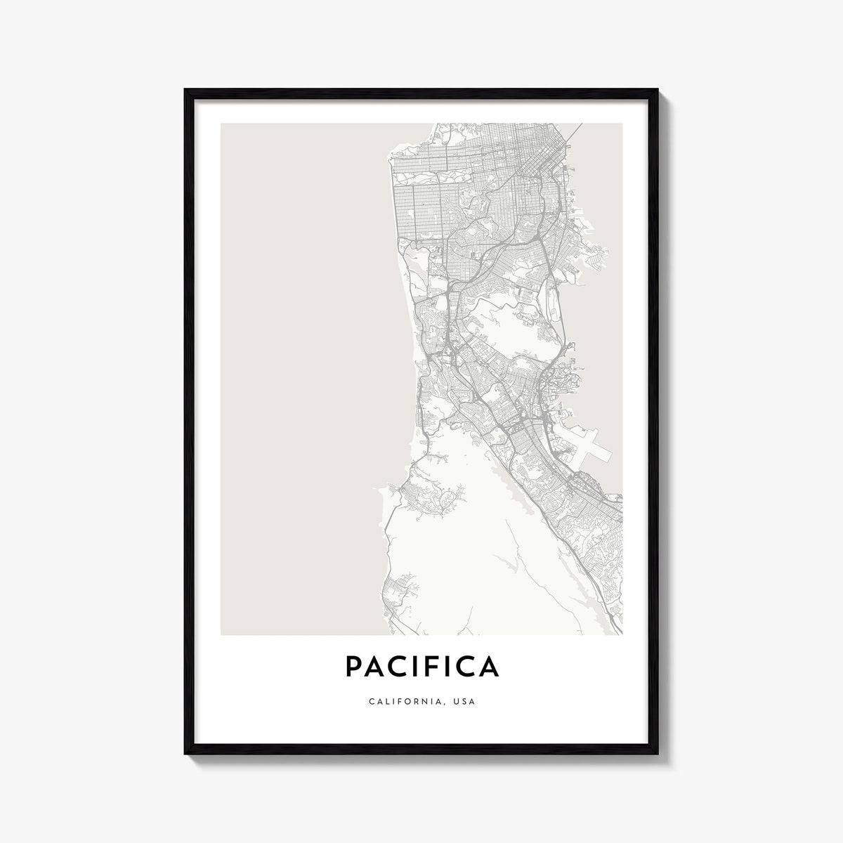 Pacifica black & white map poster of California, USA – vertical wall art, unframed print shown in interior mockup