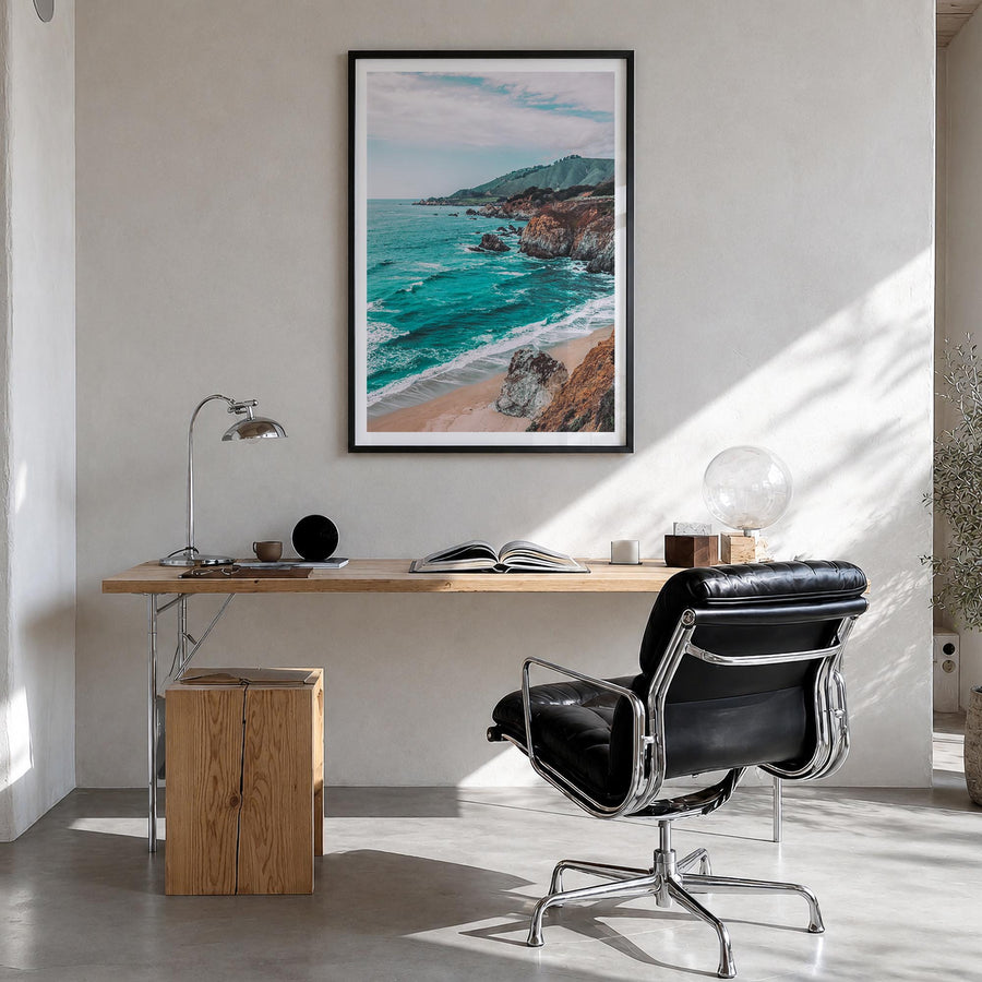 Pacifica colorful photo poster of California, USA – vertical wall art in black wood frame with white border, hanging on wall