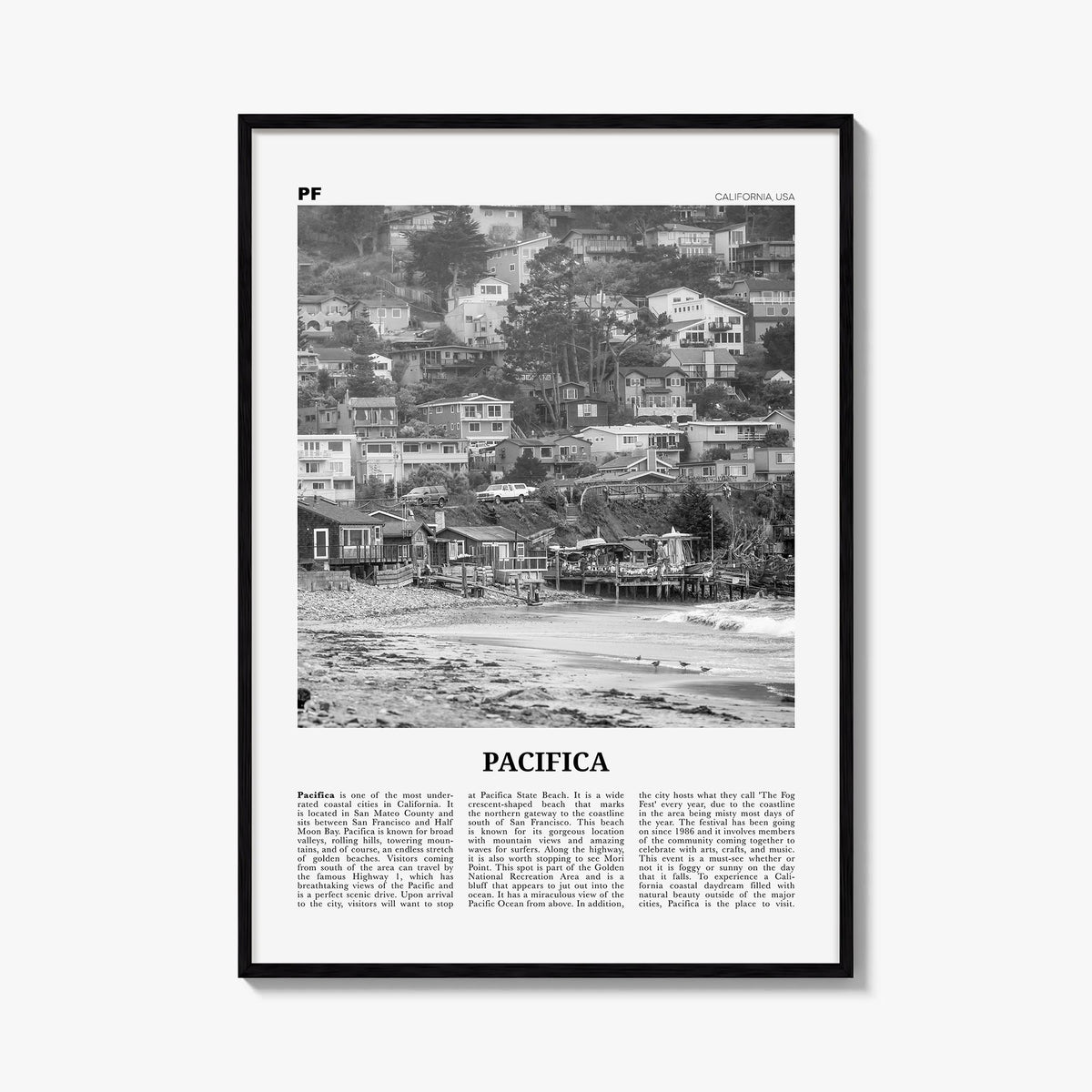 Pacifica no. 1 black & white newspaper poster of California, USA – vertical wall art, unframed print shown in interior mockup