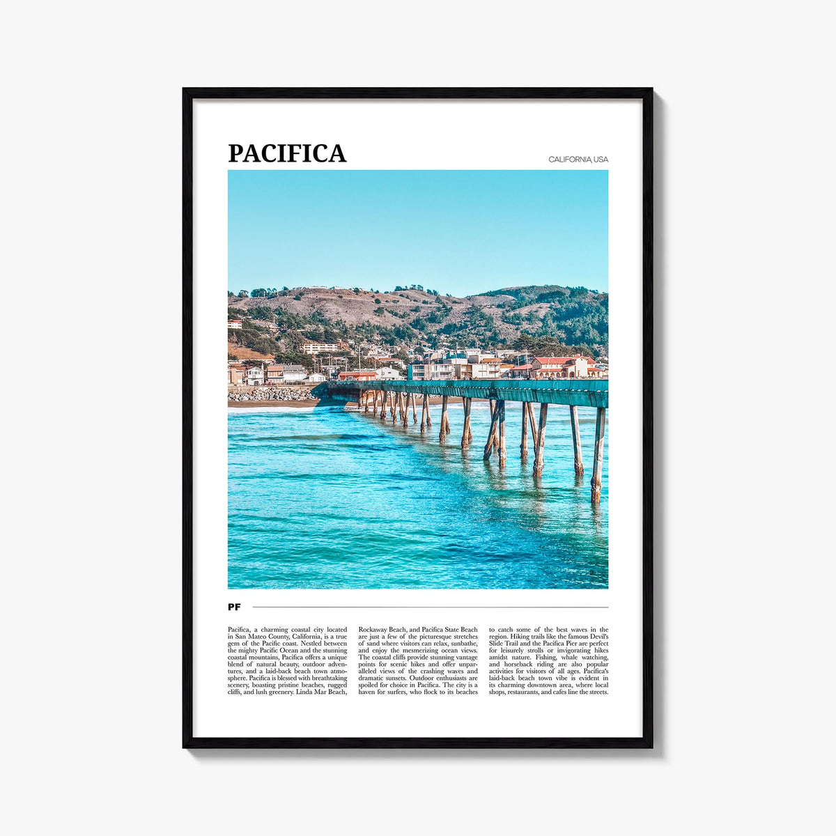 Pacifica no. 1 colorful travel poster of California, USA – vertical wall art, unframed print shown in interior mockup