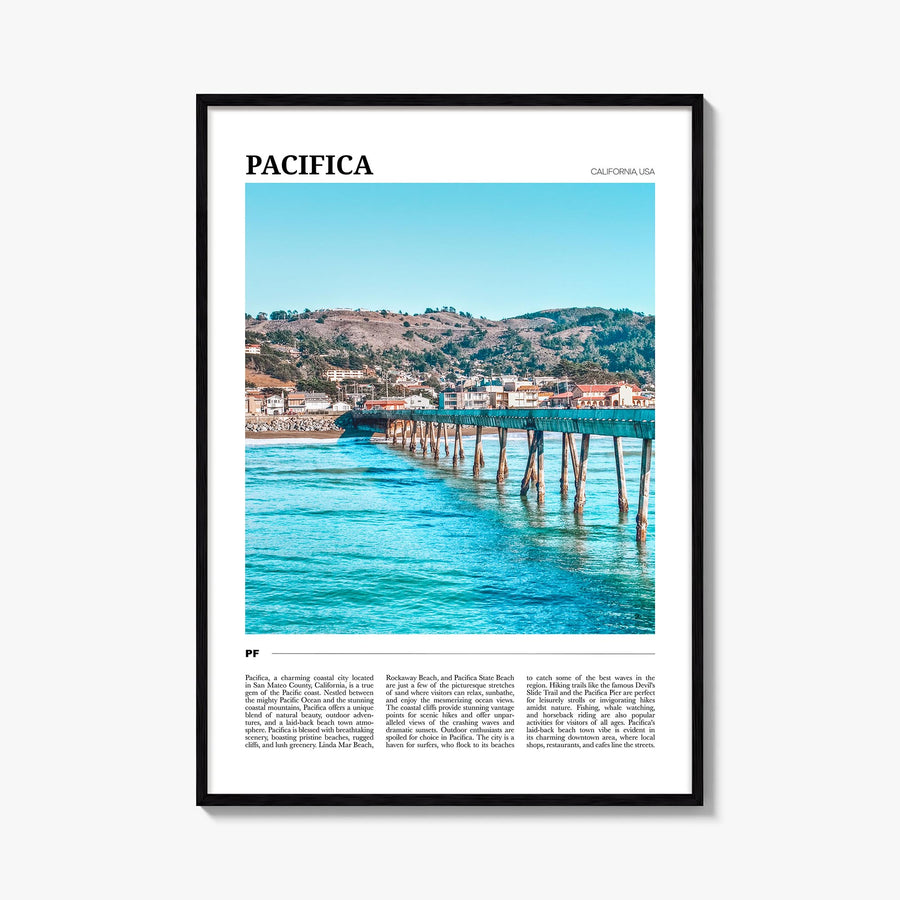 Pacifica no. 1 colorful travel poster of California, USA – vertical wall art, unframed print shown in interior mockup