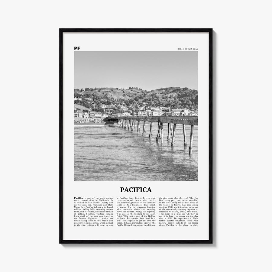Pacifica no. 2 black & white newspaper poster of California, USA – vertical wall art, unframed print shown in interior mockup