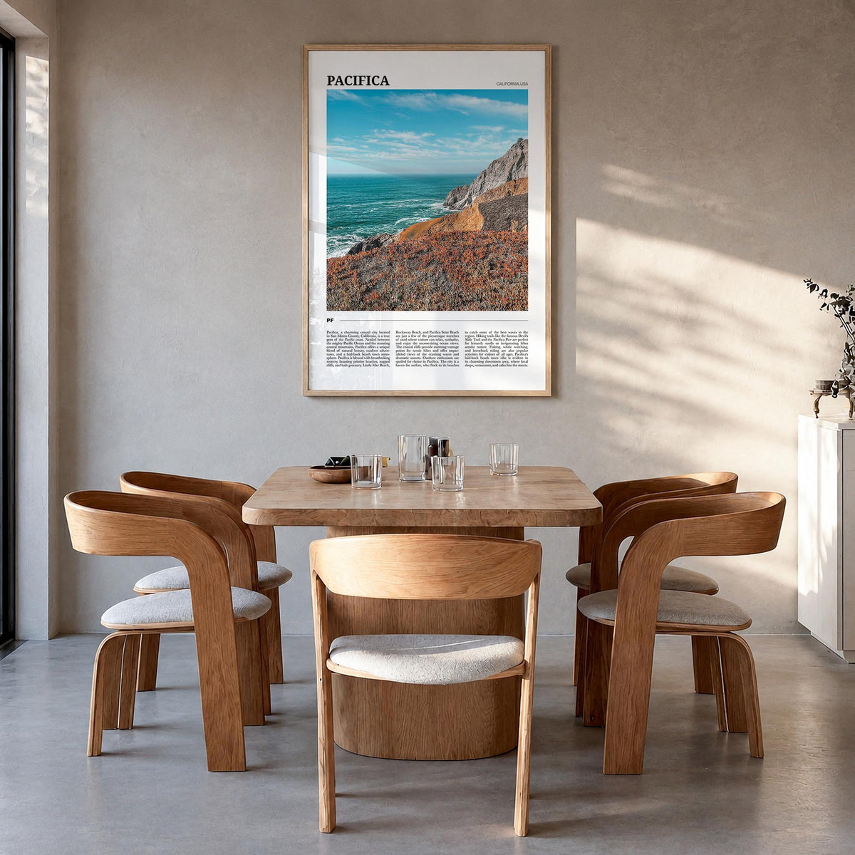 Pacifica no. 2 colorful travel poster of California, USA – vertical wall art in natural wood frame, hanging on wall