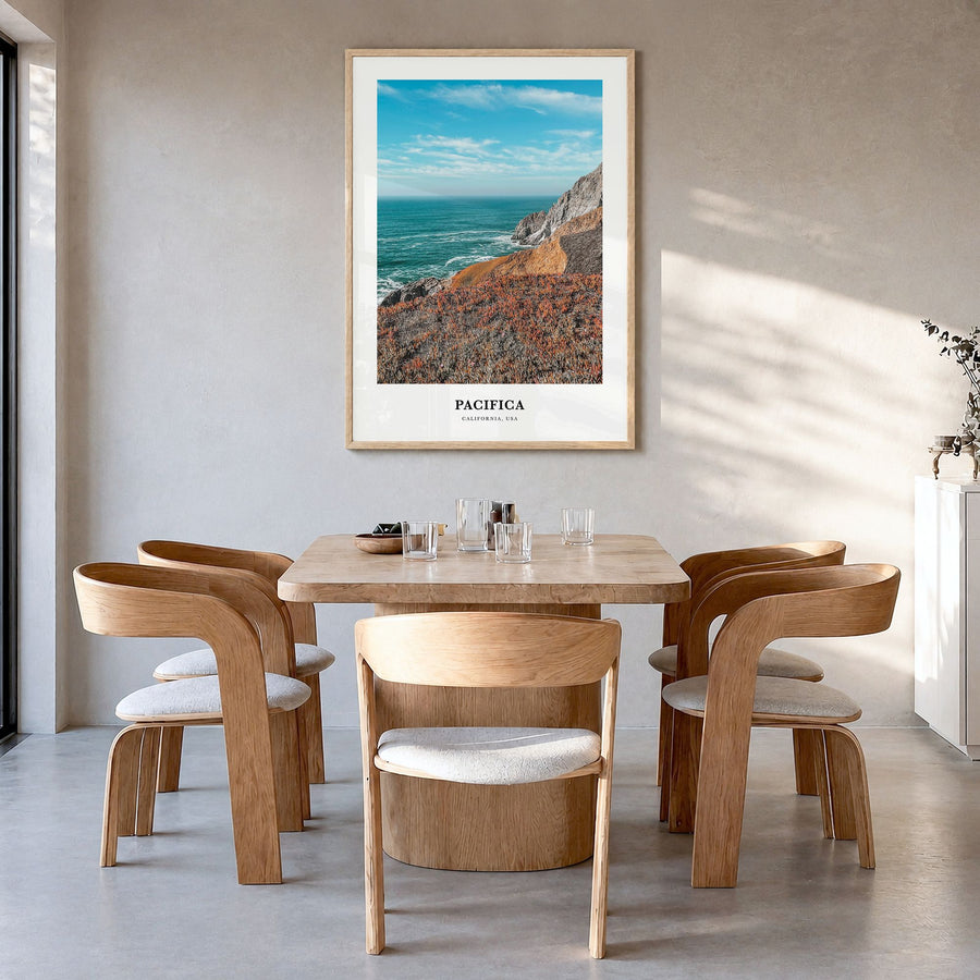 Pacifica Classic No 2 Poster in a natural wood frame, hanging in a dining room
