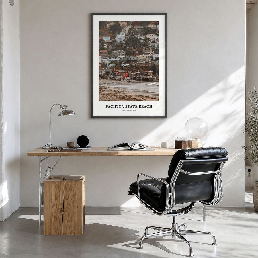 Pacifica State Beach Classic Poster in a black wood frame, hanging in a bright home office