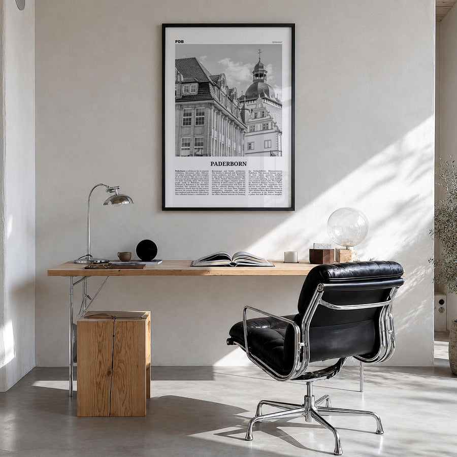 Paderborn black & white newspaper poster of Germany – vertical wall art in black wood frame, hanging on wall