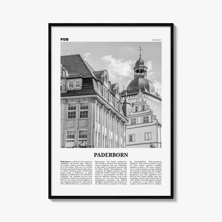 Paderborn black & white newspaper poster of Germany – vertical wall art, unframed print shown in interior mockup