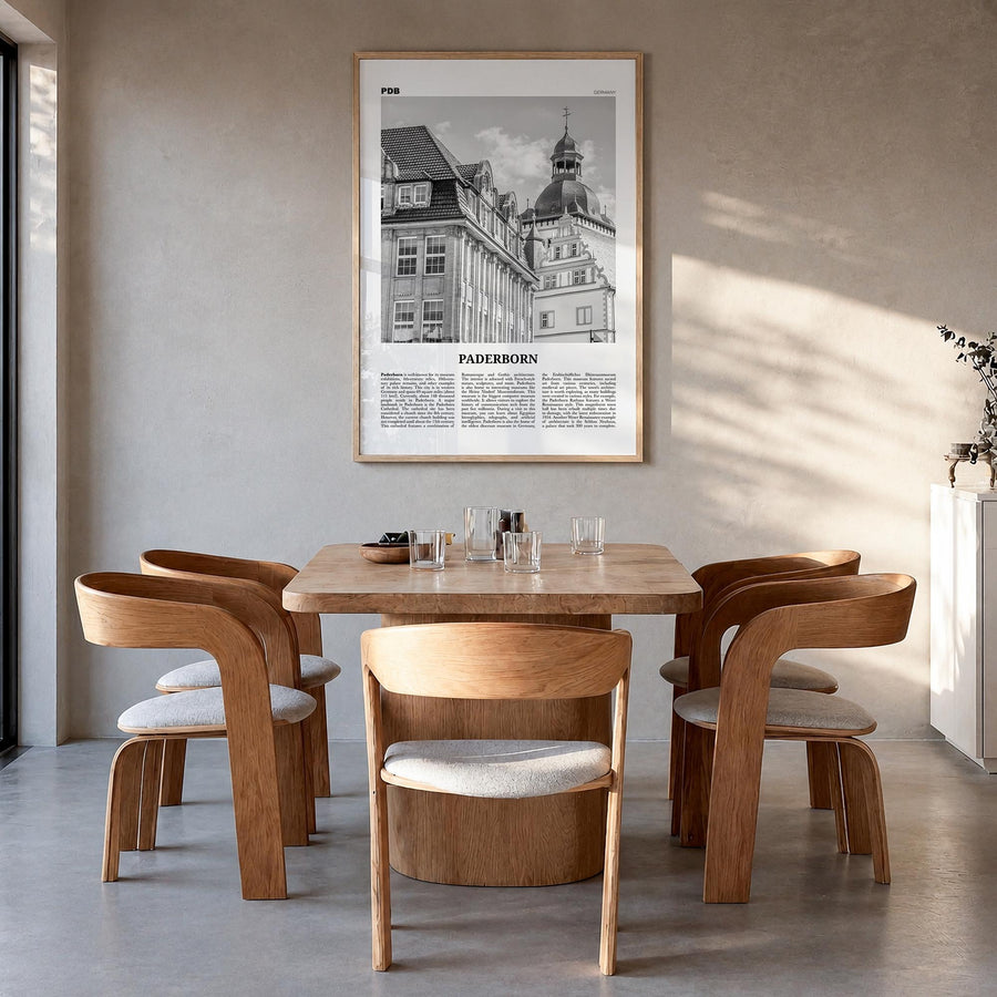 Paderborn black & white newspaper poster of Germany – vertical wall art in natural wood frame, hanging on wall