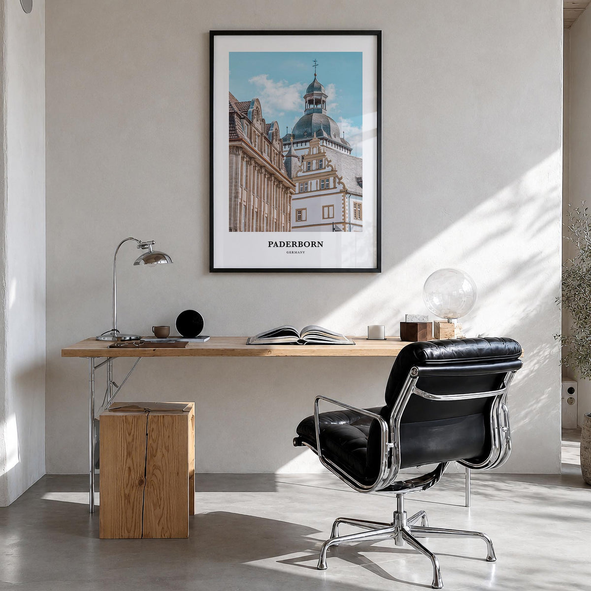 Paderborn colorful classic poster of Germany – vertical wall art in black wood frame, hanging on wall