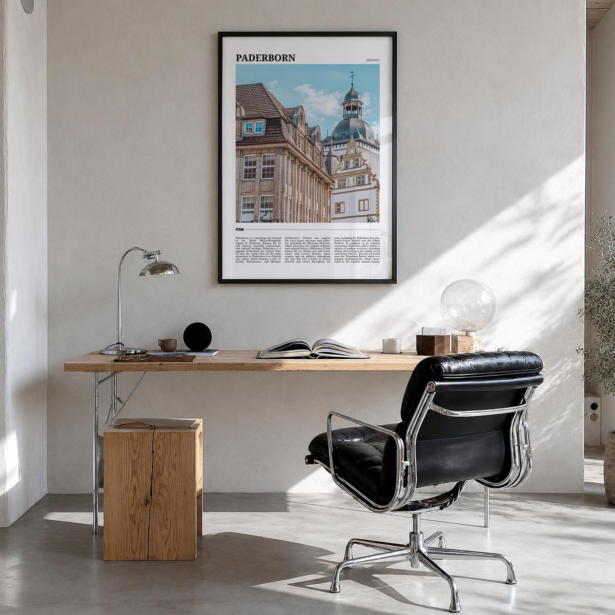 Paderborn colorful travel poster of Germany – vertical wall art in black wood frame, hanging on wall