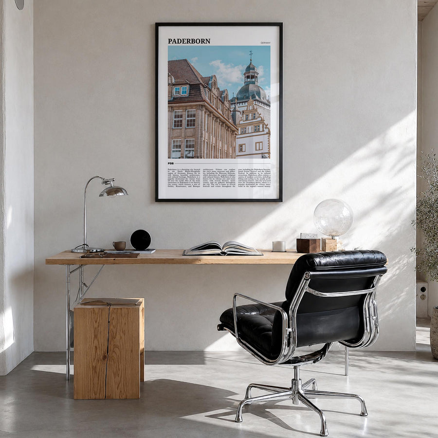 Paderborn colorful travel poster of Germany – vertical wall art in black wood frame, hanging on wall