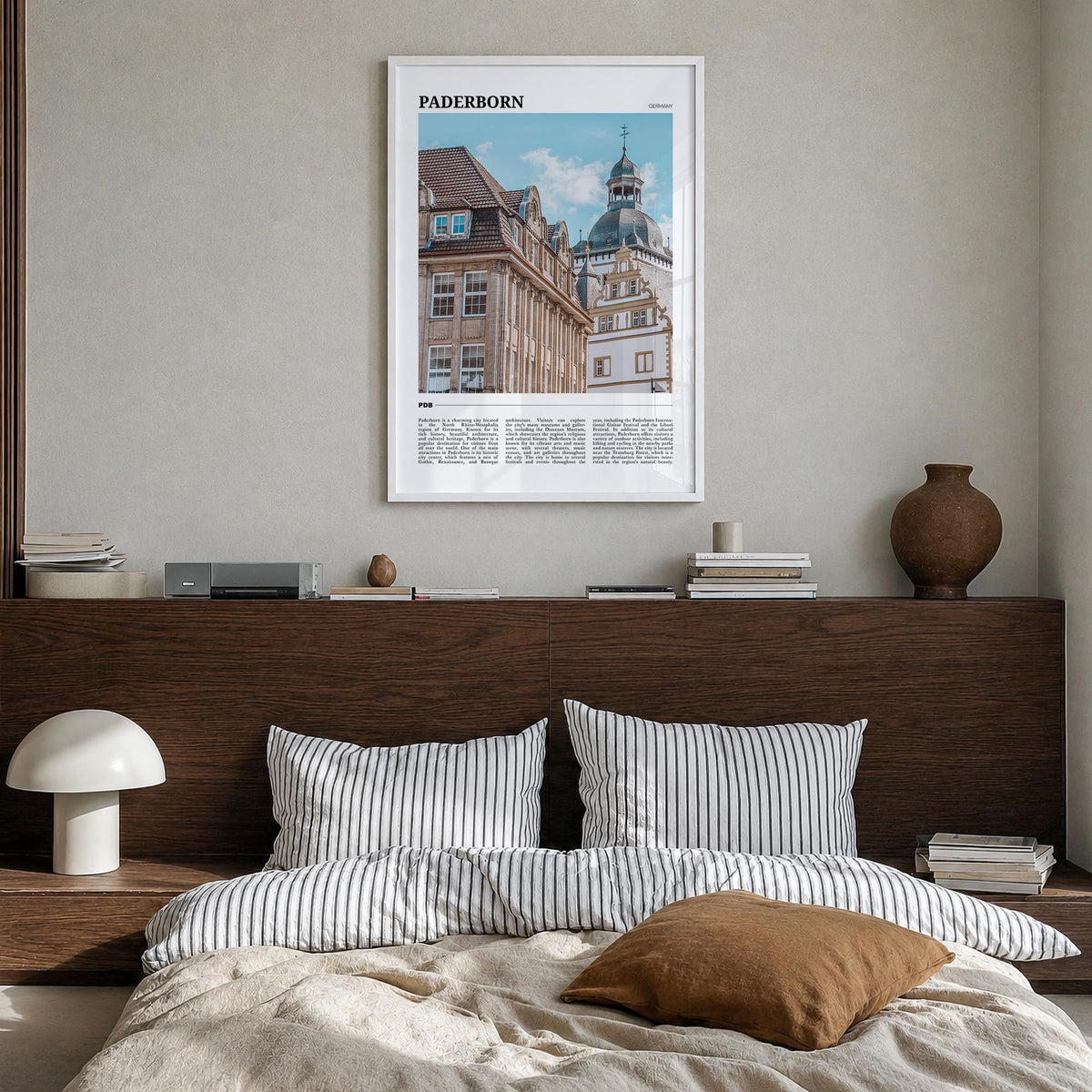 Paderborn colorful travel poster of Germany – vertical wall art in white wood frame, hanging on wall
