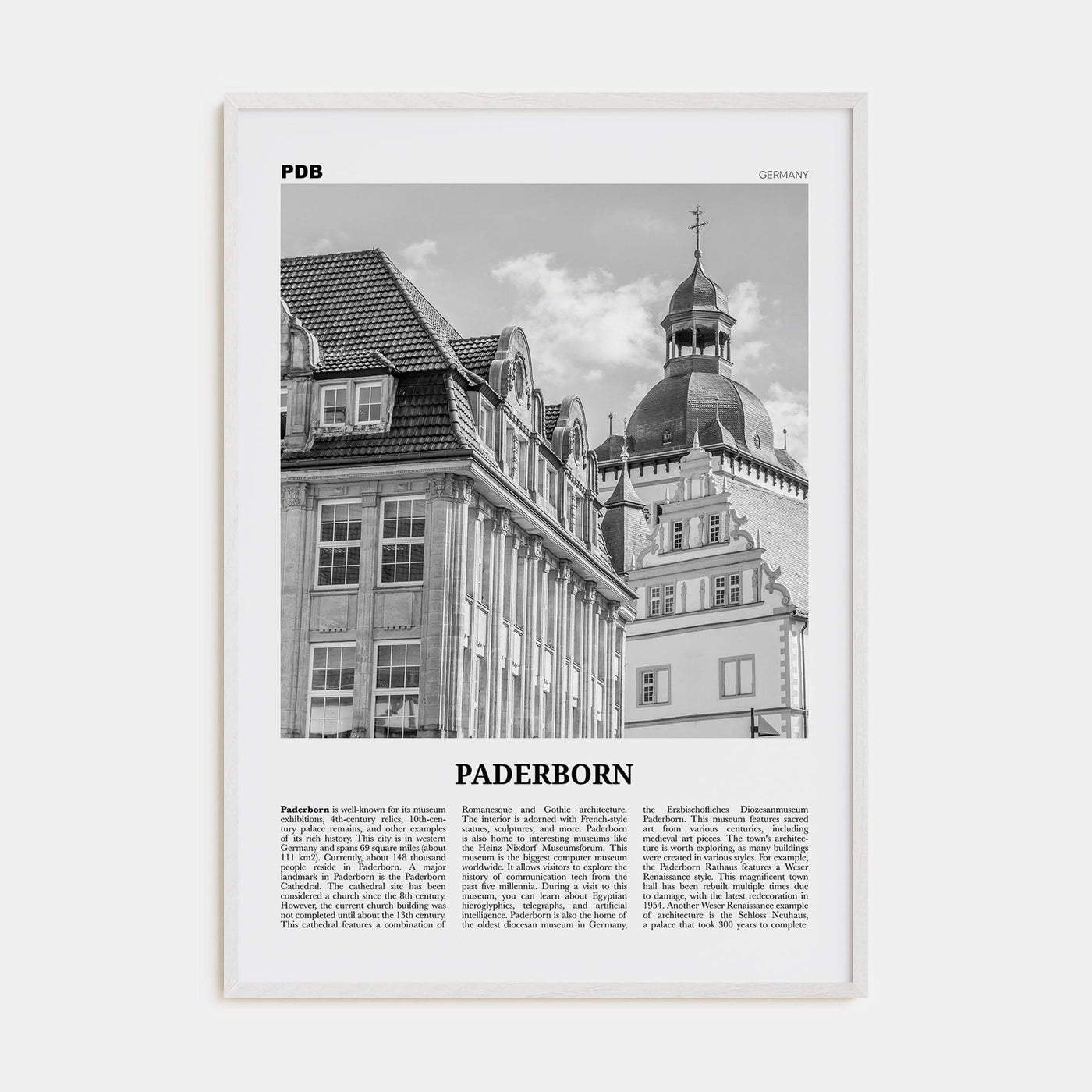 Paderborn Poster White Wood / 8x12 in Nbourhood Travel B&W Poster