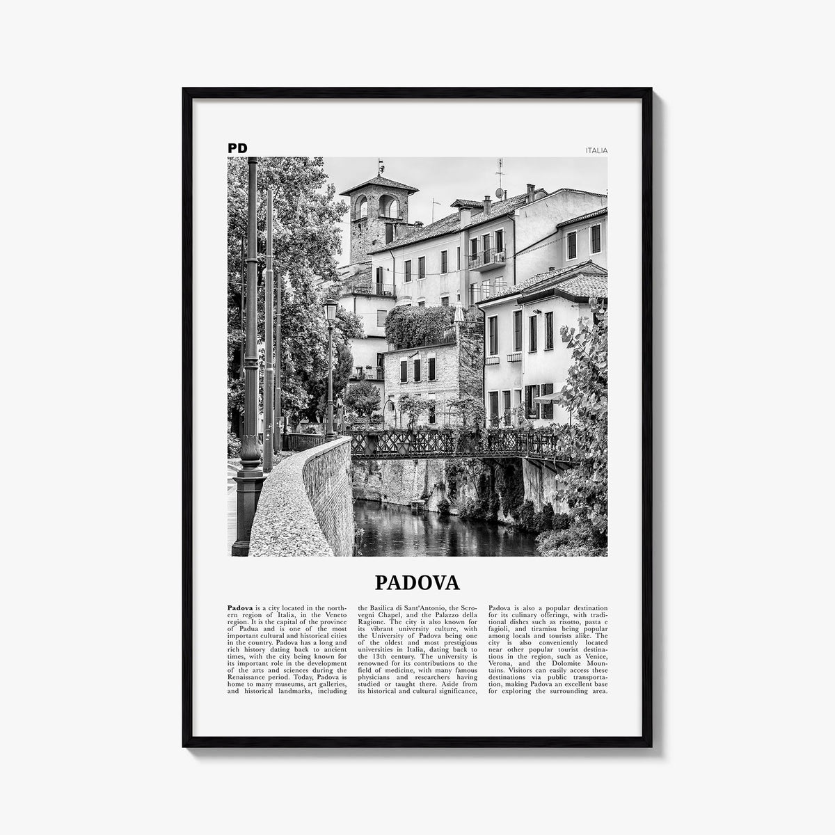 Padua no. 1 black & white newspaper poster of Padova, Italy – vertical wall art, unframed print shown in interior mockup