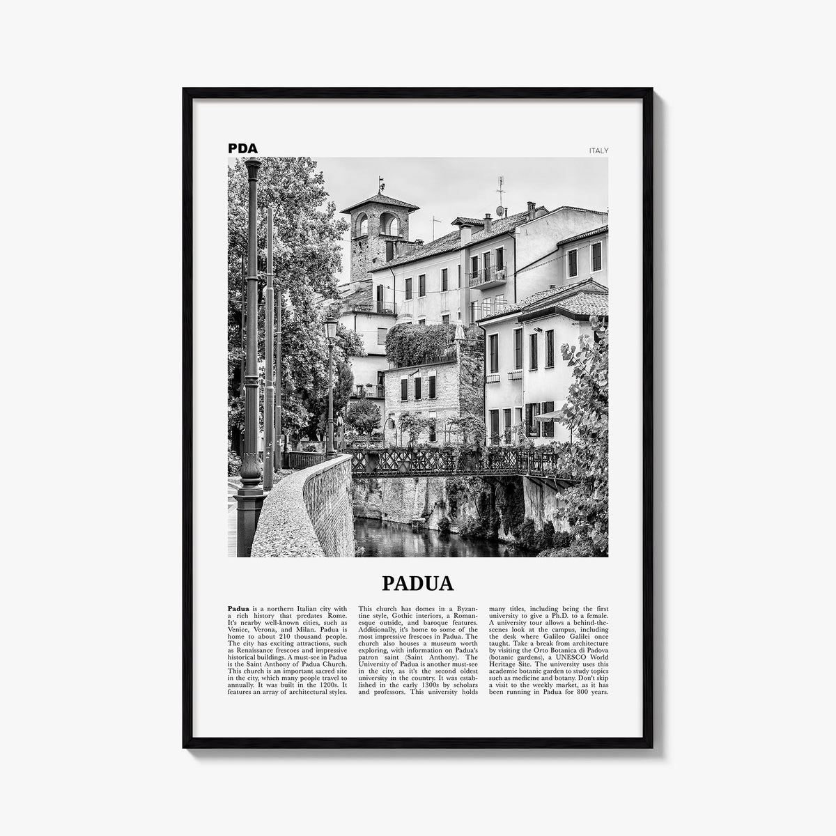 Padua no. 2 black & white newspaper poster of Italy – vertical wall art, unframed print shown in interior mockup