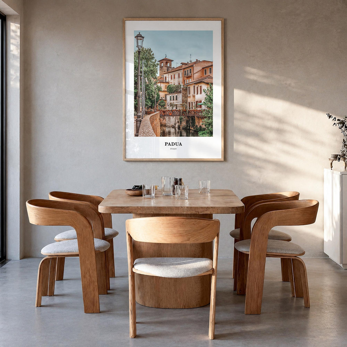 Padua colorful classic poster of Italy – vertical wall art in natural wood frame, hanging on wall