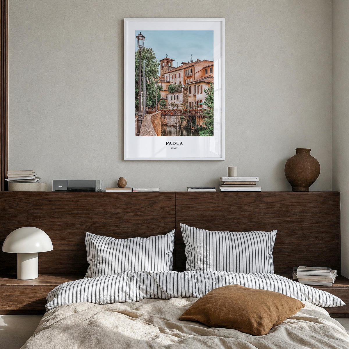 Padua colorful classic poster of Italy – vertical wall art in white wood frame, hanging on wall