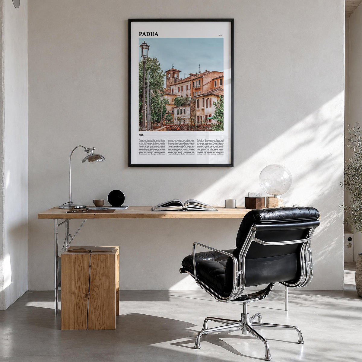 Padua colorful travel poster of Italy – vertical wall art in black wood frame, hanging on wall