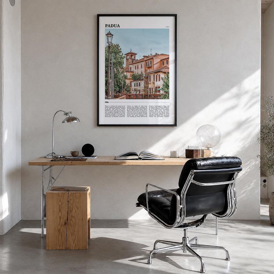 Padua colorful travel poster of Italy – vertical wall art in black wood frame, hanging on wall