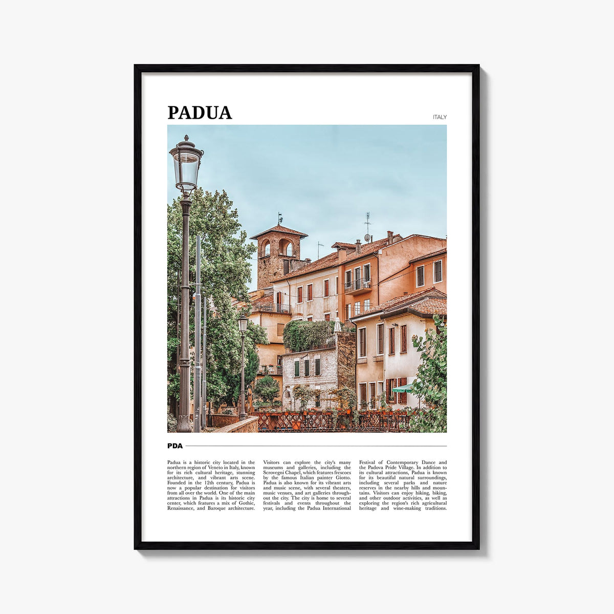 Padua colorful travel poster of Italy – vertical wall art, unframed print shown in interior mockup